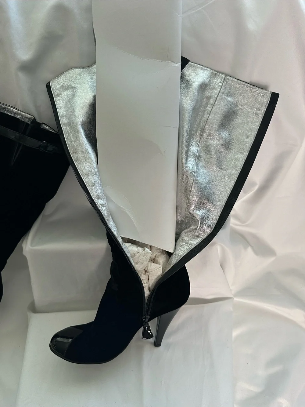 CHANEL Black Velvet Patent Leather Knee High Boots EU 36.5
